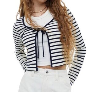 H&M Divided Tie Front Long Sleeve Navy Stripped Cardigan Women’s Medium Coastal